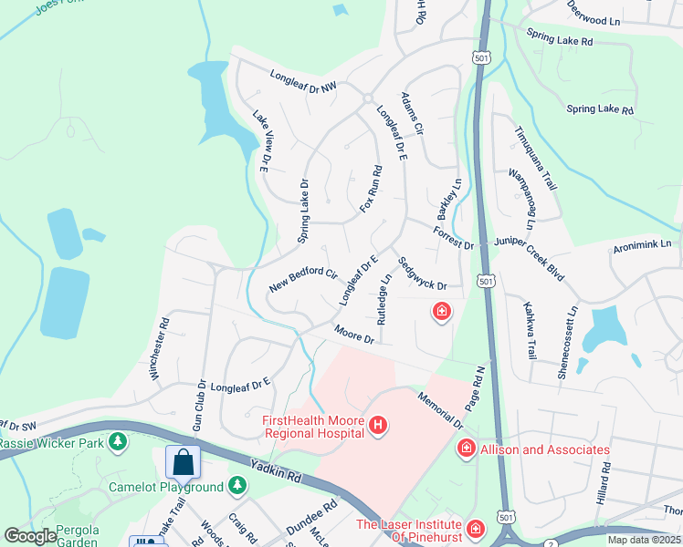 map of restaurants, bars, coffee shops, grocery stores, and more near 5 New Bedford Circle in Pinehurst