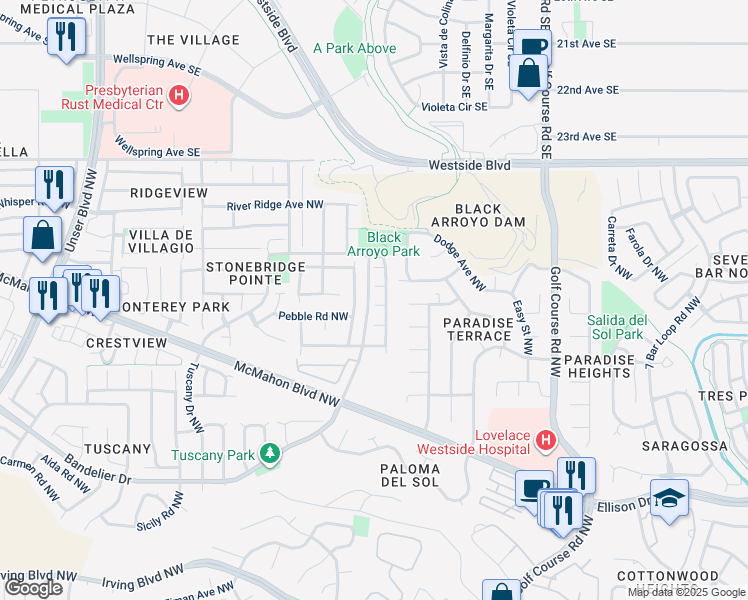 map of restaurants, bars, coffee shops, grocery stores, and more near 5009 Shadow Rock Road Northwest in Albuquerque