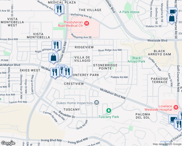 map of restaurants, bars, coffee shops, grocery stores, and more near 10743 Stonebrook Place Northwest in Albuquerque