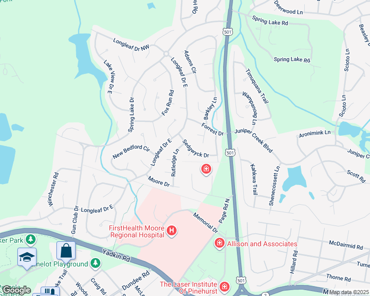 map of restaurants, bars, coffee shops, grocery stores, and more near 110 Rutledge Lane in Pinehurst