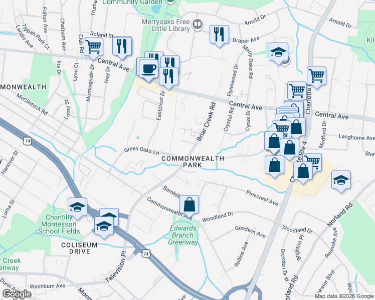 map of restaurants, bars, coffee shops, grocery stores, and more near in Charlotte