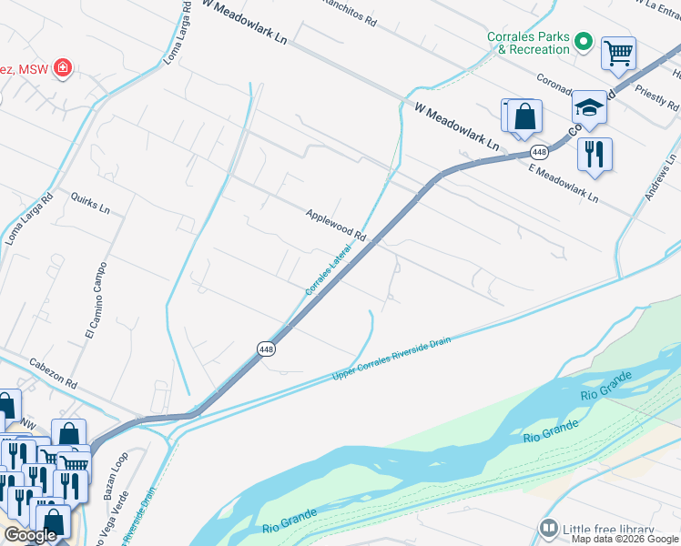 map of restaurants, bars, coffee shops, grocery stores, and more near 3081 Corrales Road in Corrales