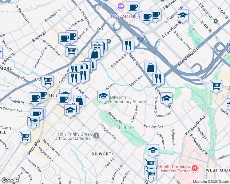 map of restaurants, bars, coffee shops, grocery stores, and more near 625 Berkeley Avenue in Charlotte