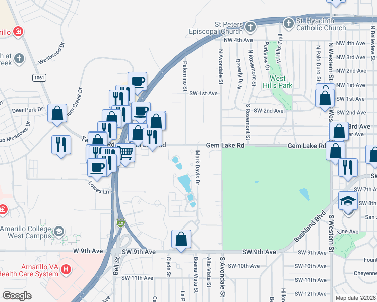 map of restaurants, bars, coffee shops, grocery stores, and more near 412 Les Street in Amarillo