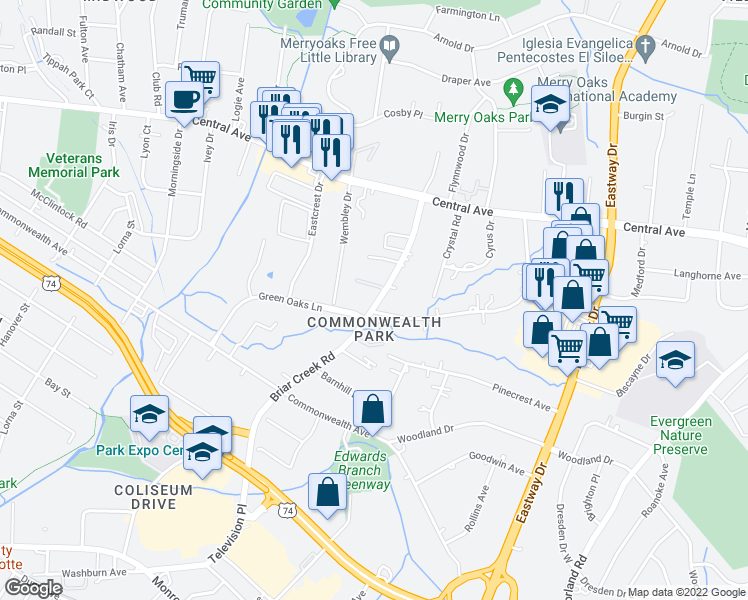map of restaurants, bars, coffee shops, grocery stores, and more near 1401 Briar Creek Road in Charlotte