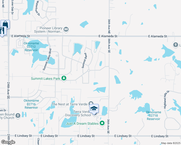 map of restaurants, bars, coffee shops, grocery stores, and more near 601 Ridge Lake Boulevard in Norman