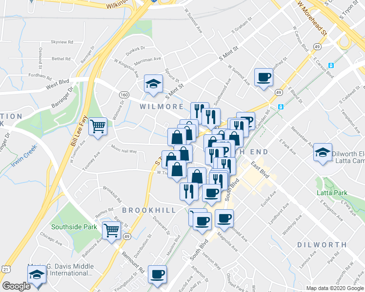 map of restaurants, bars, coffee shops, grocery stores, and more near in Charlotte