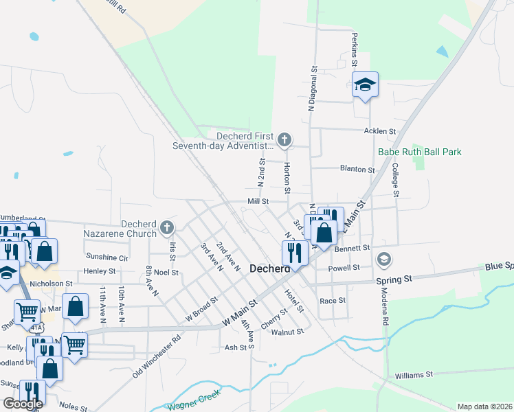 map of restaurants, bars, coffee shops, grocery stores, and more near 5 North 2nd Street in Decherd