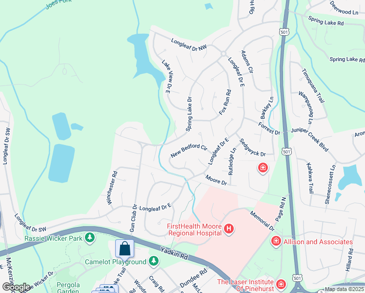 map of restaurants, bars, coffee shops, grocery stores, and more near 75 New Bedford Circle in Pinehurst