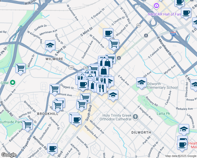 map of restaurants, bars, coffee shops, grocery stores, and more near 1750 Camden Road in Charlotte