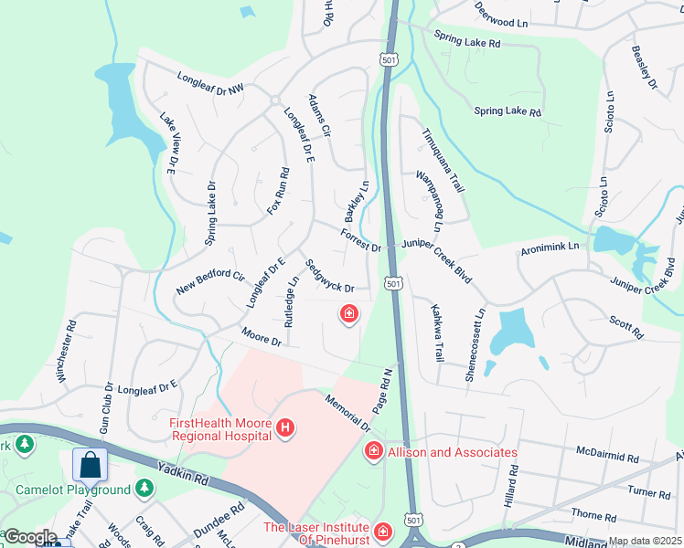 map of restaurants, bars, coffee shops, grocery stores, and more near 11 Tyler Way in Pinehurst