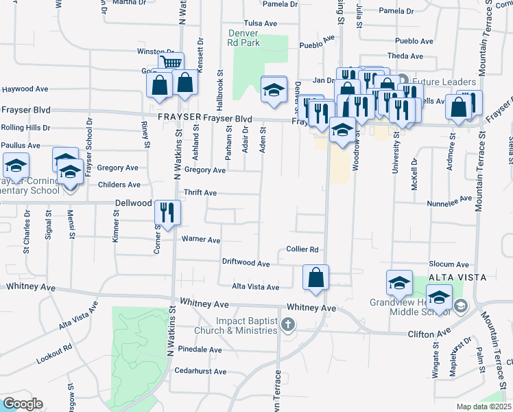 map of restaurants, bars, coffee shops, grocery stores, and more near 3181 Aden Street in Memphis