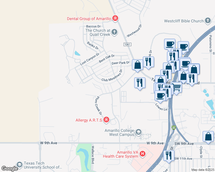 map of restaurants, bars, coffee shops, grocery stores, and more near 407 Sage Meadow Drive in Amarillo