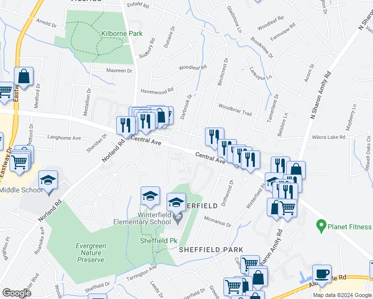 map of restaurants, bars, coffee shops, grocery stores, and more near Central Ave & Lansdale Dr in Charlotte
