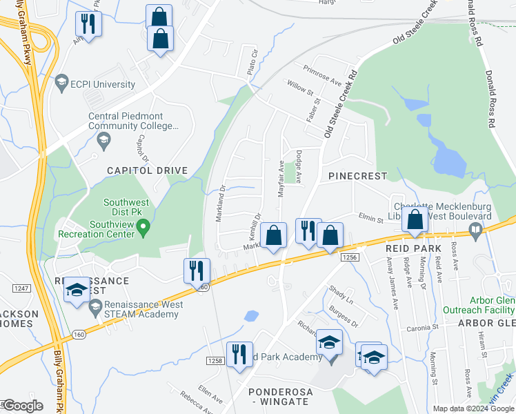 map of restaurants, bars, coffee shops, grocery stores, and more near 2846 Kenhill Drive in Charlotte