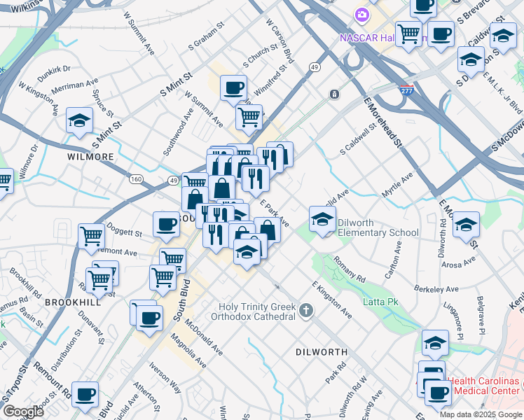 map of restaurants, bars, coffee shops, grocery stores, and more near 219 East Boulevard in Charlotte
