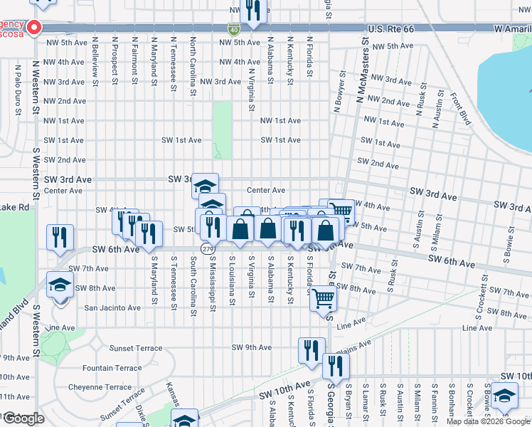 map of restaurants, bars, coffee shops, grocery stores, and more near 2920 Southwest 5th Avenue in Amarillo
