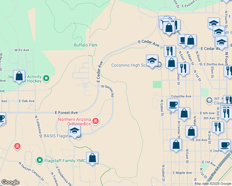 map of restaurants, bars, coffee shops, grocery stores, and more near North Gemini Road in Flagstaff
