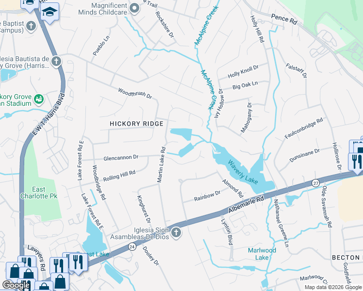 map of restaurants, bars, coffee shops, grocery stores, and more near 7819 Glencannon Drive in Charlotte