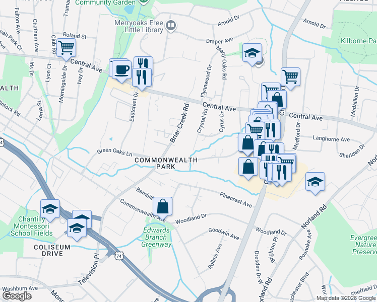 map of restaurants, bars, coffee shops, grocery stores, and more near 1363 Carolyn Drive in Charlotte