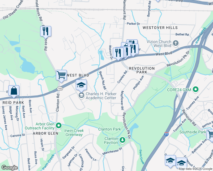 map of restaurants, bars, coffee shops, grocery stores, and more near 2734 Beech Nut Road in Charlotte