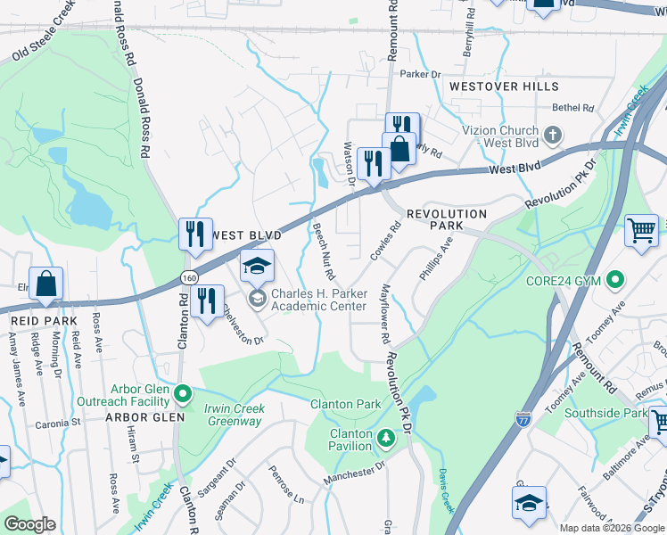 map of restaurants, bars, coffee shops, grocery stores, and more near 2734 Beech Nut Road in Charlotte