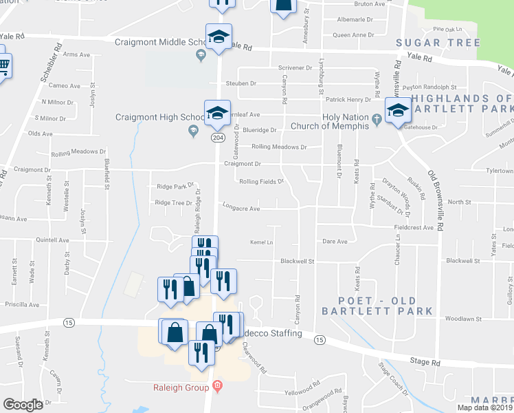 map of restaurants, bars, coffee shops, grocery stores, and more near 5139 Longacre Avenue in Memphis