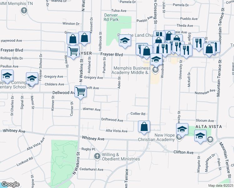map of restaurants, bars, coffee shops, grocery stores, and more near 3181 Aden Street in Memphis