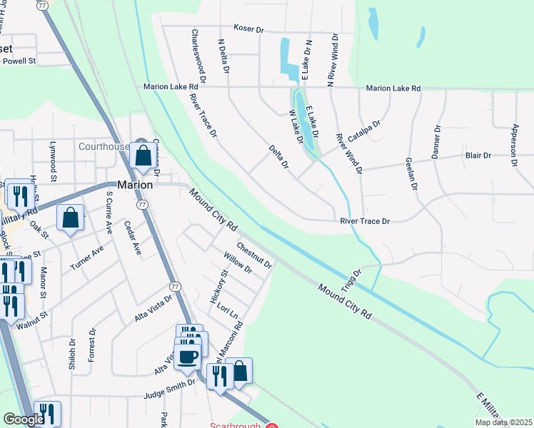 map of restaurants, bars, coffee shops, grocery stores, and more near 236 River Trace Drive in Marion