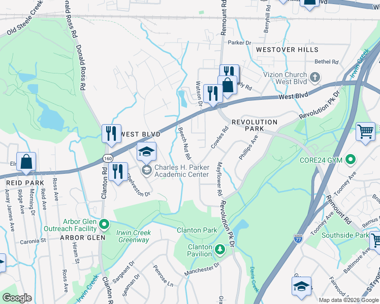 map of restaurants, bars, coffee shops, grocery stores, and more near 2734 Beech Nut Road in Charlotte