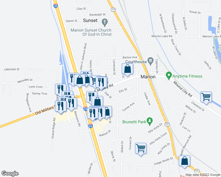 map of restaurants, bars, coffee shops, grocery stores, and more near 199 East Military Road in Marion
