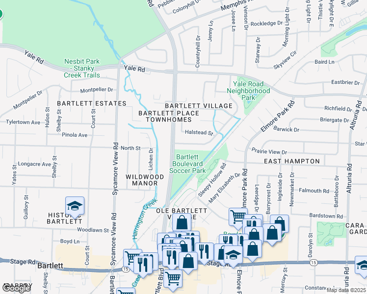 map of restaurants, bars, coffee shops, grocery stores, and more near 3216 Venson Drive in Bartlett