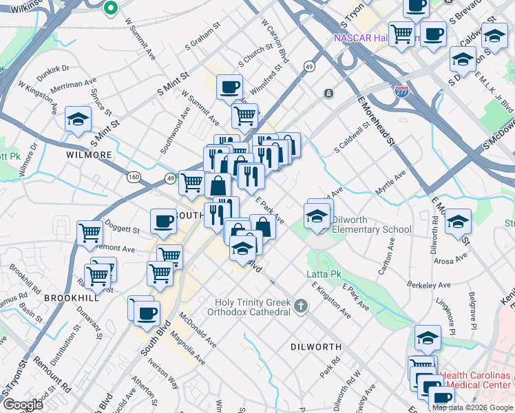 map of restaurants, bars, coffee shops, grocery stores, and more near in Charlotte