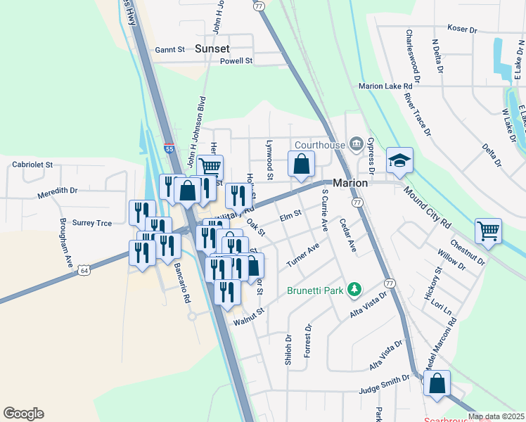 map of restaurants, bars, coffee shops, grocery stores, and more near 333 East Military Road in Marion