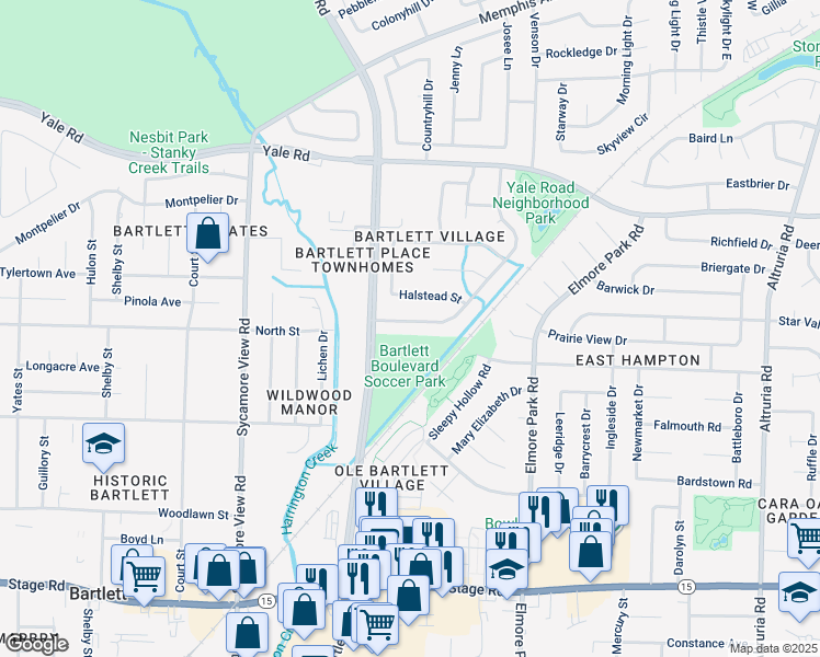 map of restaurants, bars, coffee shops, grocery stores, and more near 3216 Venson Drive in Bartlett