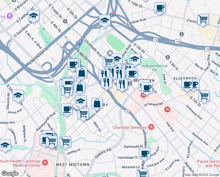 map of restaurants, bars, coffee shops, grocery stores, and more near 119 S Torrence St in Charlotte