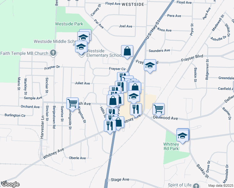 map of restaurants, bars, coffee shops, grocery stores, and more near 3201 Thomas Street in Memphis