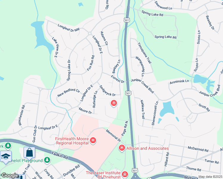 map of restaurants, bars, coffee shops, grocery stores, and more near 11 Tyler Way in Pinehurst