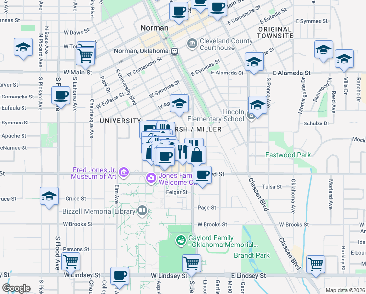 map of restaurants, bars, coffee shops, grocery stores, and more near 750 South Jenkins Avenue in Norman