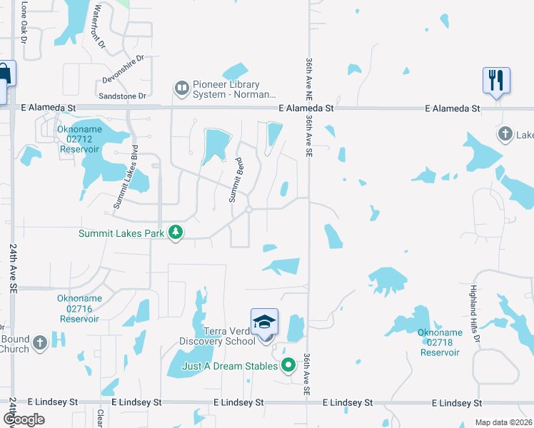 map of restaurants, bars, coffee shops, grocery stores, and more near 312 Summit Crest Ln in Norman