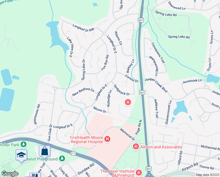 map of restaurants, bars, coffee shops, grocery stores, and more near 95 Rutledge Lane in Pinehurst