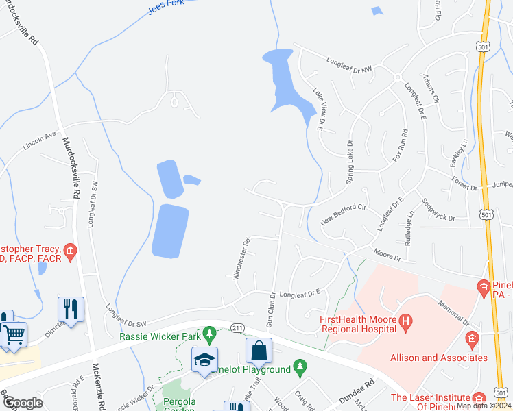 map of restaurants, bars, coffee shops, grocery stores, and more near 9 Remington Lane in Pinehurst