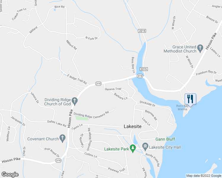 map of restaurants, bars, coffee shops, grocery stores, and more near 2231 Geneva Trail in Lakesite