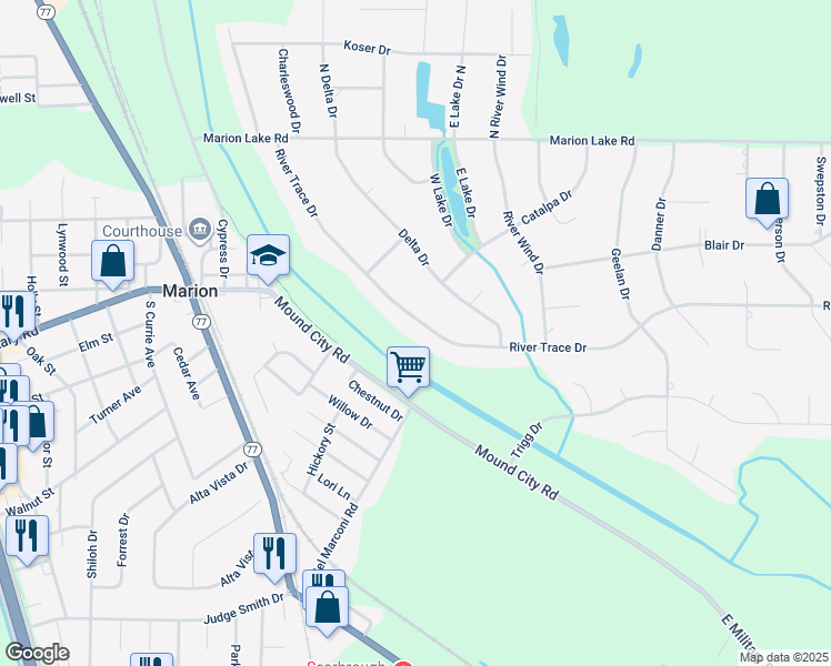 map of restaurants, bars, coffee shops, grocery stores, and more near 236 River Trace Drive in Marion