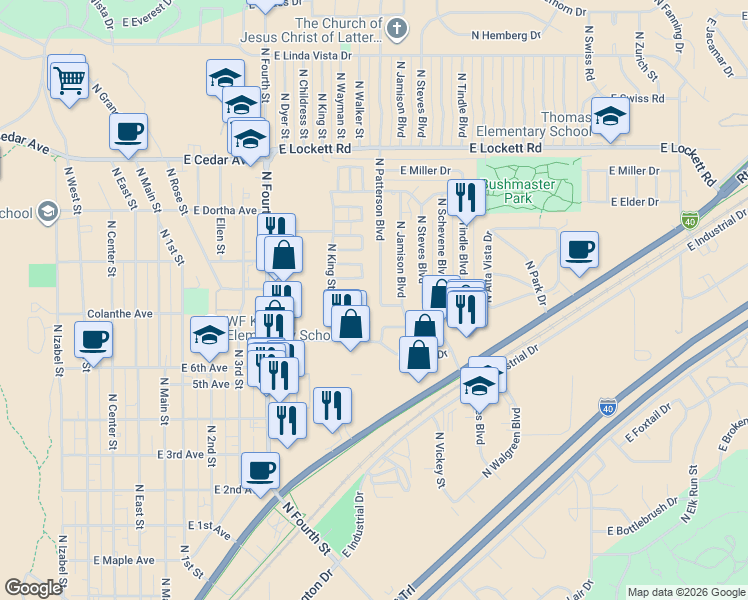 map of restaurants, bars, coffee shops, grocery stores, and more near 2615 North Patterson Boulevard in Flagstaff