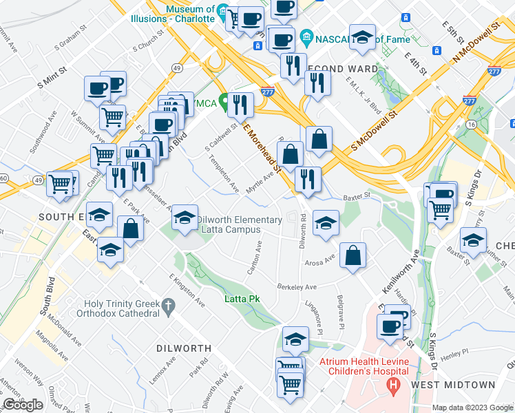 map of restaurants, bars, coffee shops, grocery stores, and more near 815 Mount Vernon Avenue in Charlotte