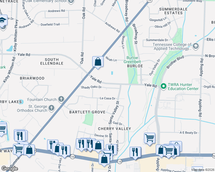map of restaurants, bars, coffee shops, grocery stores, and more near 3188 Shady Oaks Cove in Bartlett