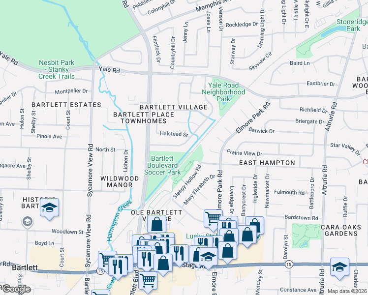 map of restaurants, bars, coffee shops, grocery stores, and more near 3232 Venson Drive in Bartlett
