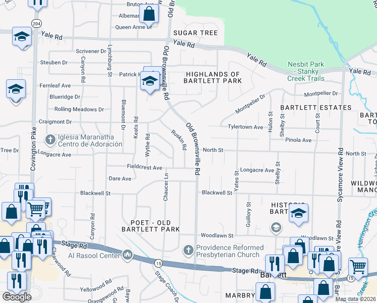 map of restaurants, bars, coffee shops, grocery stores, and more near 3177 Ruskin Road in Memphis