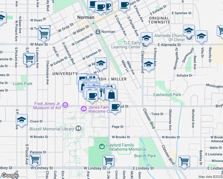 map of restaurants, bars, coffee shops, grocery stores, and more near 750 South Jenkins Avenue in Norman